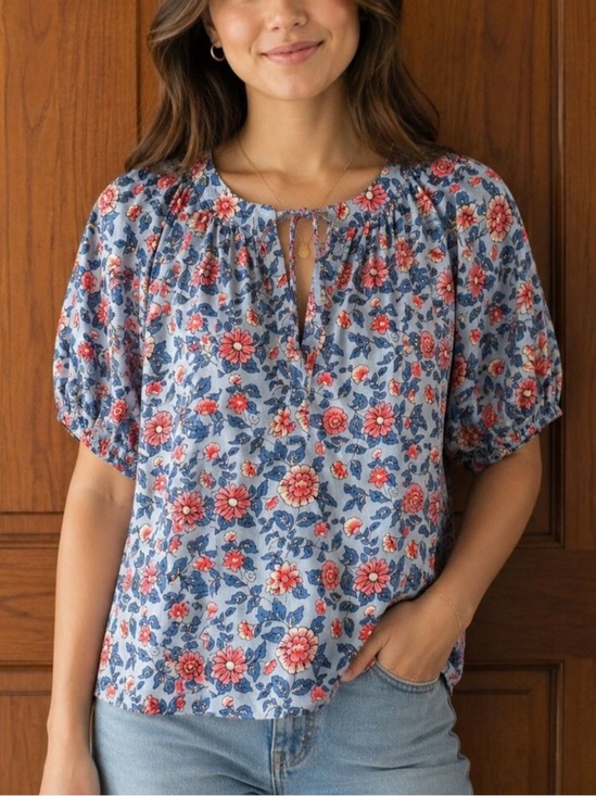 LOFT Tops - Loft Peasant Floral Top Tie Blouse Medium Blue Pink